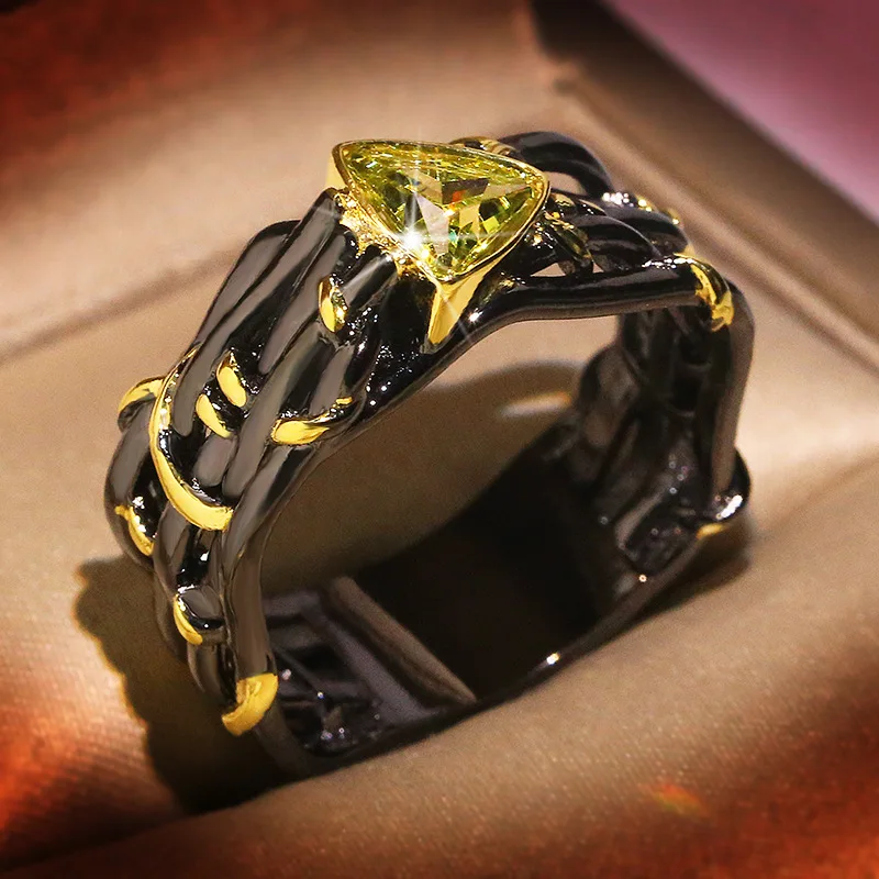 

Vintage Silver Plate Gothic Black Tree Branch Ring with Bling Yellow Zircon Stone Jewelry for Women Wedding Engagement Gift