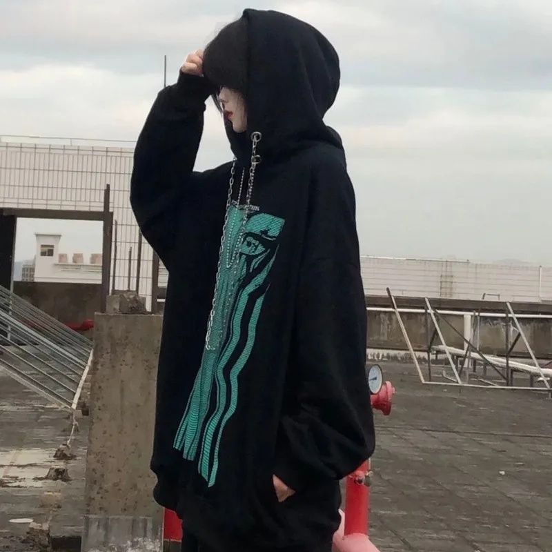 

QWEEK Gothic Harajuku Hooded Sweatshirt Women's Spring 2021 Fashion Thin A Chain Hip-hop Top Grunge Hoodie Punk Gothic Tops