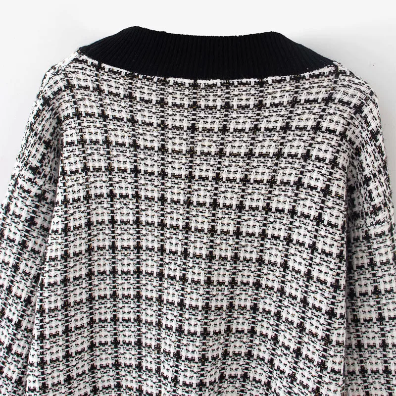 

Harajuku Elegance Wild Houndstooth Lazy Knit V-Neck Long Sleeve Chic Women's Jacket Korean Style Loose Female Coat