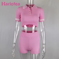 karlofea pink ribbed knitted living room lounge wear women new hot matching suit short sleeve crop top shorts casual 2 piece set