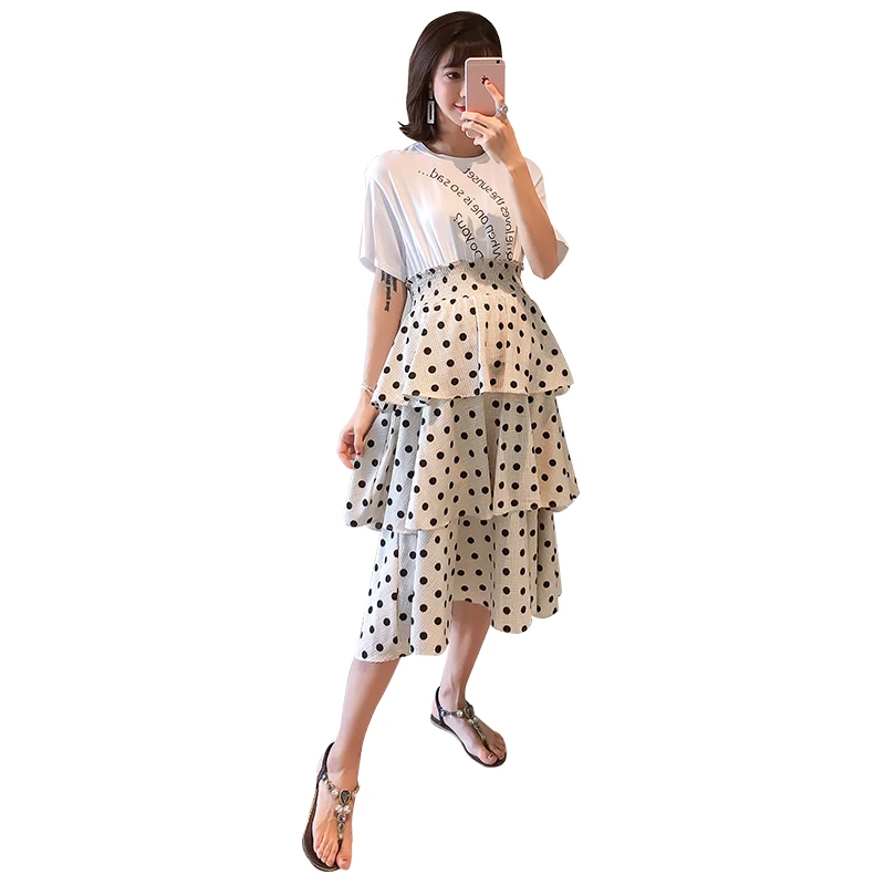 

1168# 2021 Summer Korean Fashion Dot Printed Chiffon Patchwork Maternity Dress A Line Slim Clothes for Pregnant Women Ruffle