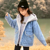 children clothes winter thickening girl denim jacket for birthday plus vlevet warm hooded outerwear for teenager girl fluffy top