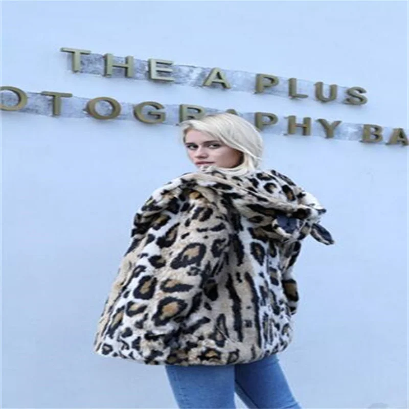 New ladies fur coat womens fashion leopard print hooded imitation mink fur clothes warm leather jacket autumn winter