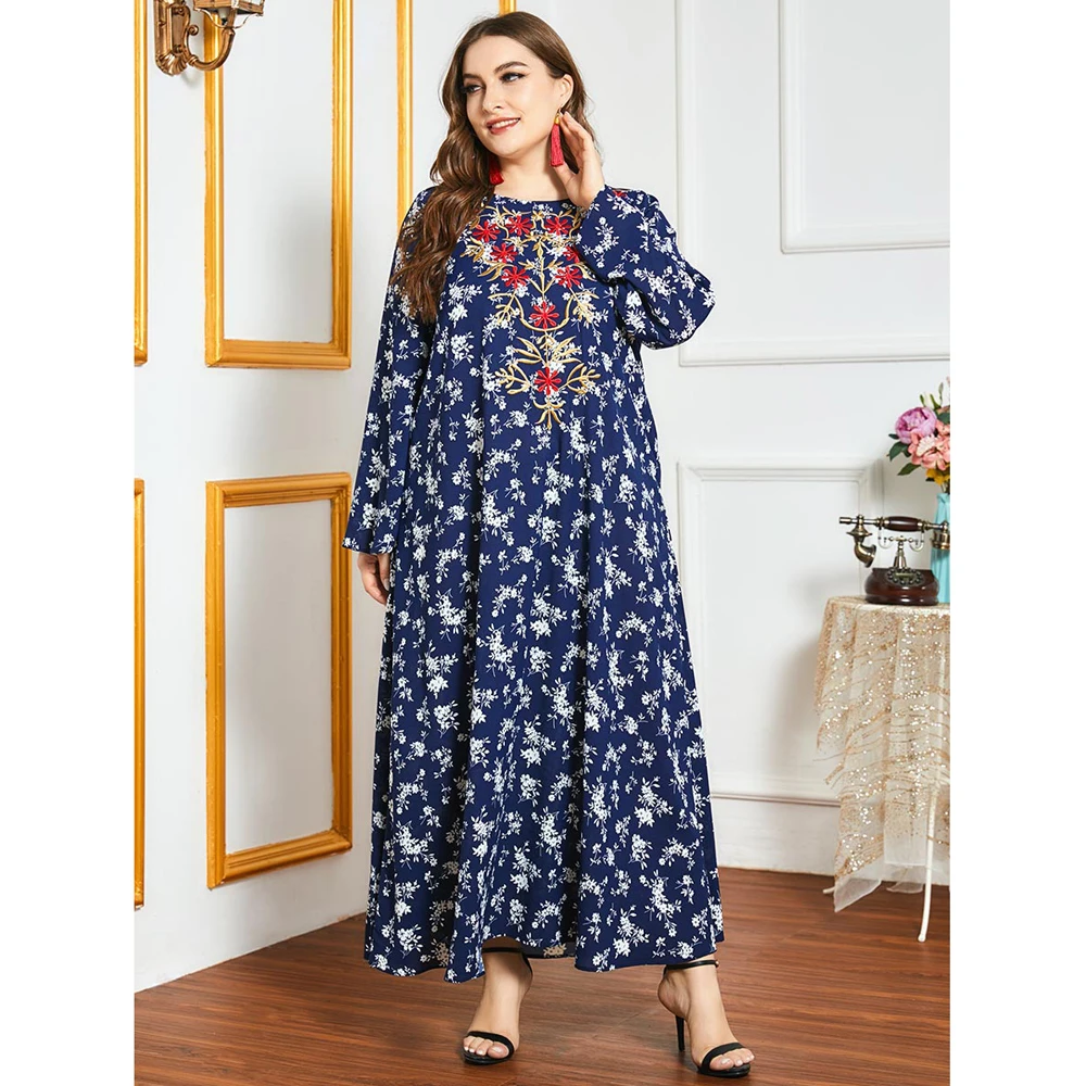 

Abaya Muslim Women Floral Printed Long Dress Arab Jilbab Embroidery Ethnic Vintage Kaftan Jilbab Islamic Ramadan Plus Size Robe