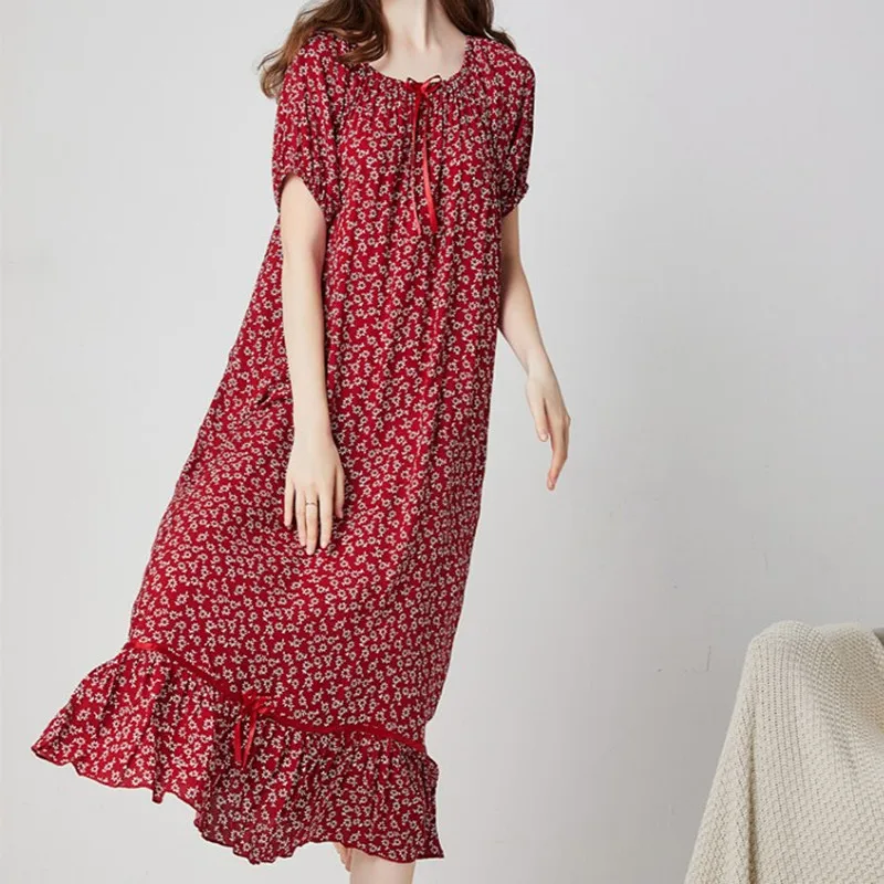 New Nightdress For Women Cotton Silk Short Sleeves Long Dress Square Neck White Lace Ladies Evening Dress