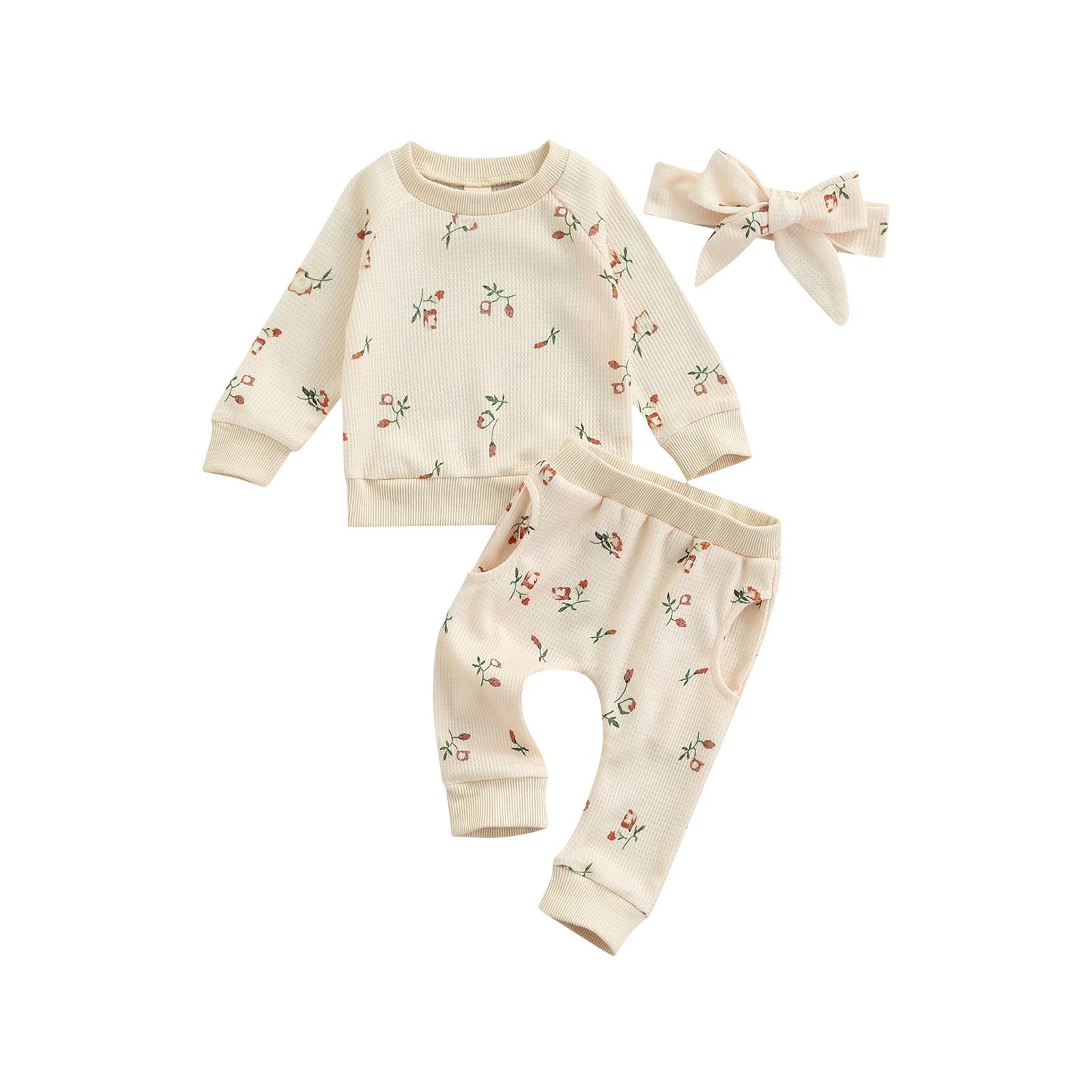 

3 Pcs Newborn Print Outfits Floral Sweater Baby Girls Waffle Long Sleeve Round Neck Sweatshirt Trousers with Pockets Headband