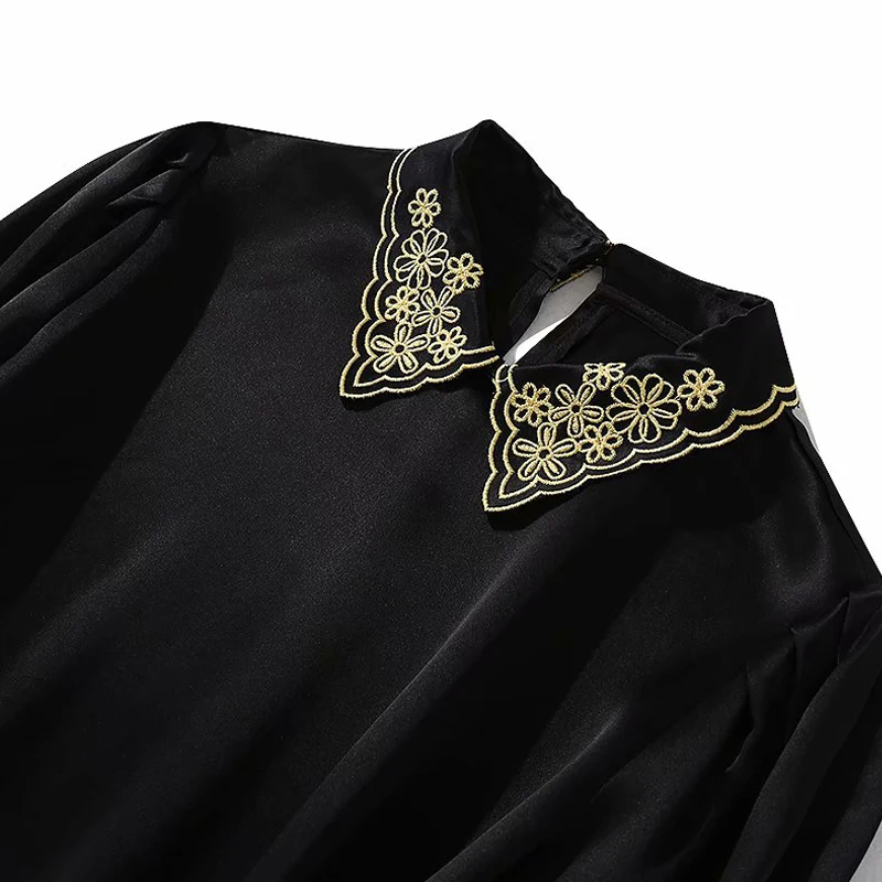 

Designer Spring Autumn New Women'S Elegant Retro Fashion Party Casual Lapel Embroidery Long Sleeve Black Midi Dress