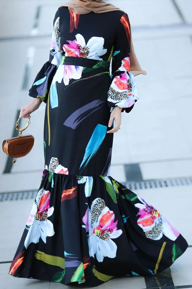 WEPBEL Wanita Baju Muslim Timur Tengah Malaysia Indonesia Abaya Jubah Lengan Panjang Flora Cetak Maxi Gaun Pinggang Tinggi Abaya