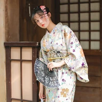 womens japan kimono gray color beautiful flower prints japan traidtional yukata cosplay clothing stage performing wear