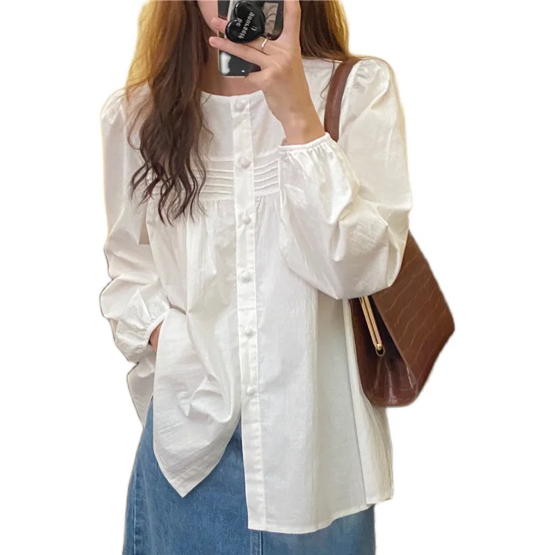 

COIGARSAM Brief Full Sleeve Shirt Womens tops Solid O-Neck Women shirts White Blue Black 9100