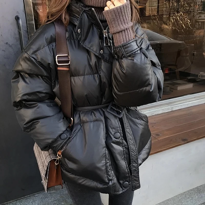 

woman winter coats 2019 thick warm jacket waist down cotton padded women's parka loose jacket outwear black jacket with belt M19