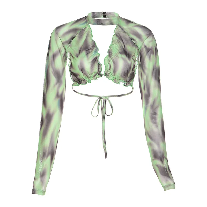 

COIGARSAM Fashion Tie Dye Print Mesh Women Crop Top 2021 Elastic Ruched See Through T Shirts Long Sleeve Sexy Backless Tops