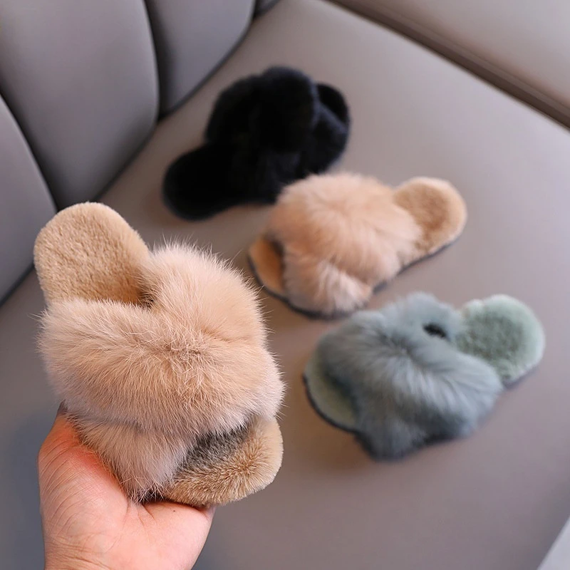 Kids Shoes for Girl Fur Slippers Cute Outdoor Furry Girls Fashion Winter Slipper Flip Flops Non-slip 17-23cm | Детская одежда и