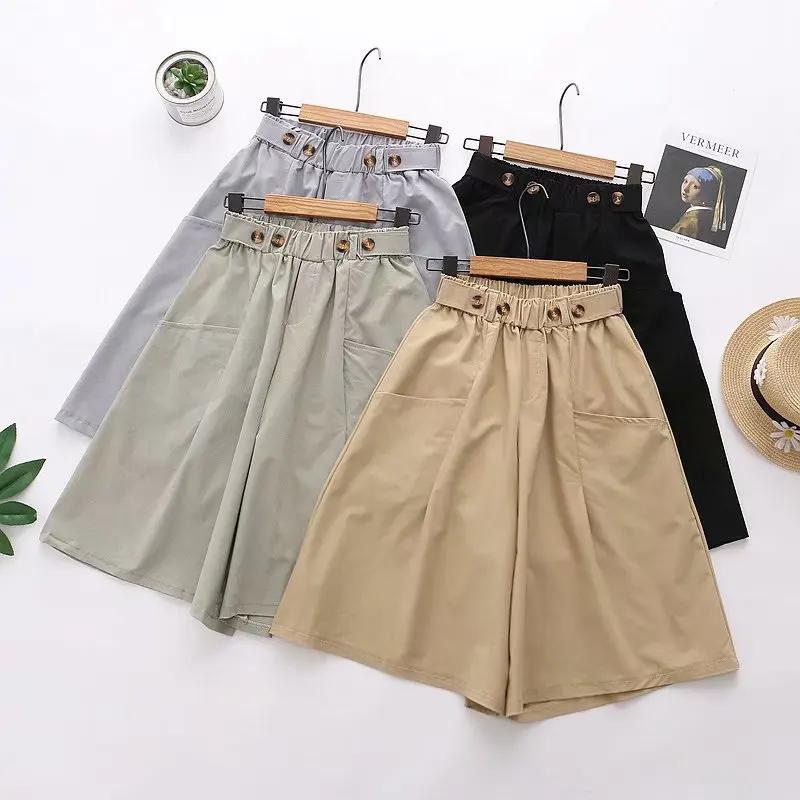 

Summer new korean elastic waist fashion buttoned wide-leg pants For womens big pockets loose casual thin five-point pants women