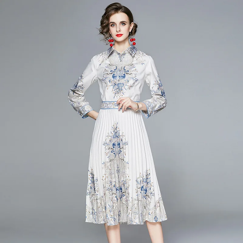 

6022 New Women's Ladies Elegance Retro Printed Waist-Controlled Pleated Puffy Maxi Dress