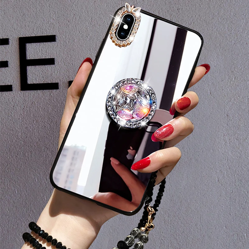 Phone Case For Huawei P30 Lite P50 P40 P20 Pro Lite Enjoy 20 Pro 10S 9 Plus 9S Z Crystal Makeup Mirror Diamond Finger Ring Coque