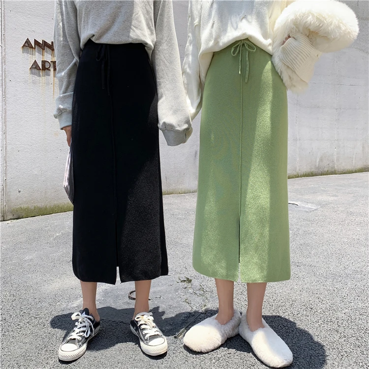 Видео # Осень/Зима до раскола авокадо зеленые высокие талии трикотажные юбки