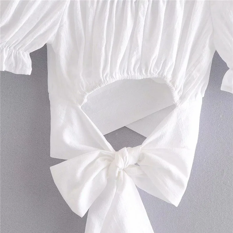 

Klacwaya Women 2020 Sexy Fashion Pleated Cropped Blouses Vintage Slash Neck Backless Bow Tied Female Shirts Blusas Chic Tops