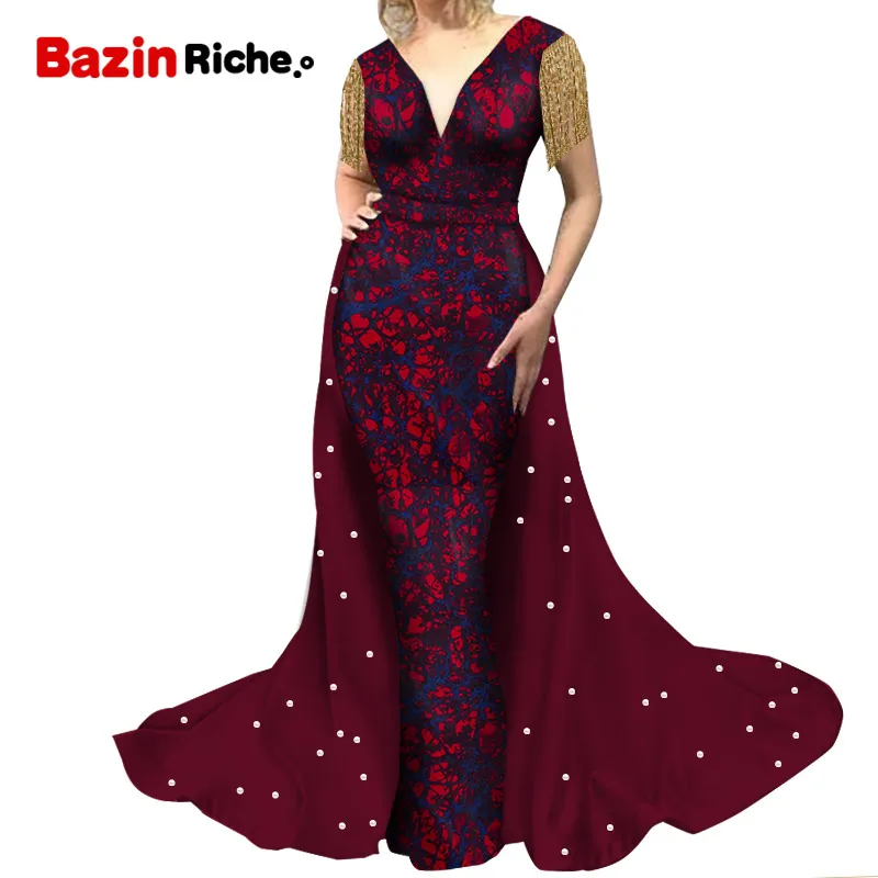 African Dresses for Women Wedding Party Custom Plus Size 4XL 5XL 6XL With Pearls Decorations Floor-length Clothing WY8876