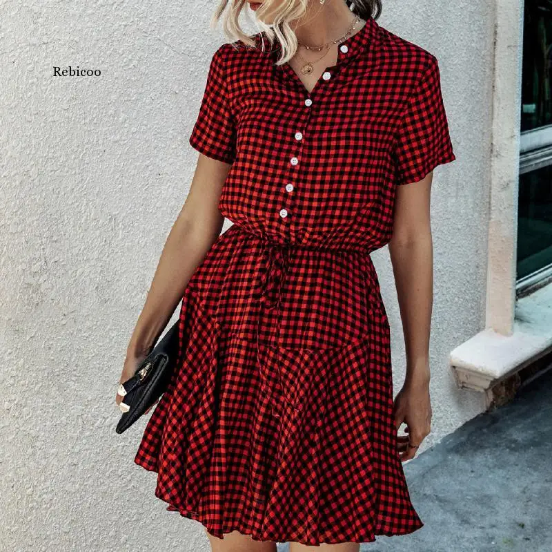 

Summer Cotton Plaid Shirt Dress Women 2020 Red Casual Short Sleeve Button A-Line Wrap Mini Dresses for Women