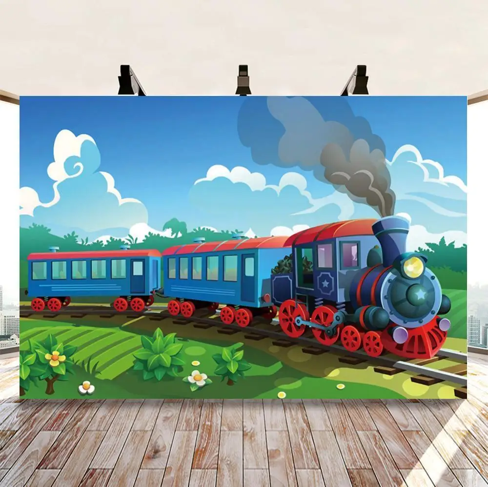 

Photo Backdrops Train Baby Cartoon City Grass Party Wallpaper Pattern Photography Background Photocall Photo Studio