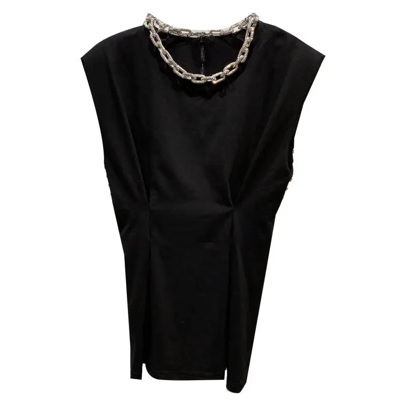 

2021 Summer Women T Shirt Sleeveless Diamond Chain Collar Shoulder Pad T-shirt Female