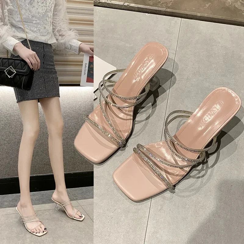 

Korean Fashion Women's Sandals Solid Square Head Rhinestone Accessories Stiletto Sandals 2022 Summer New Wedge Slippers Female