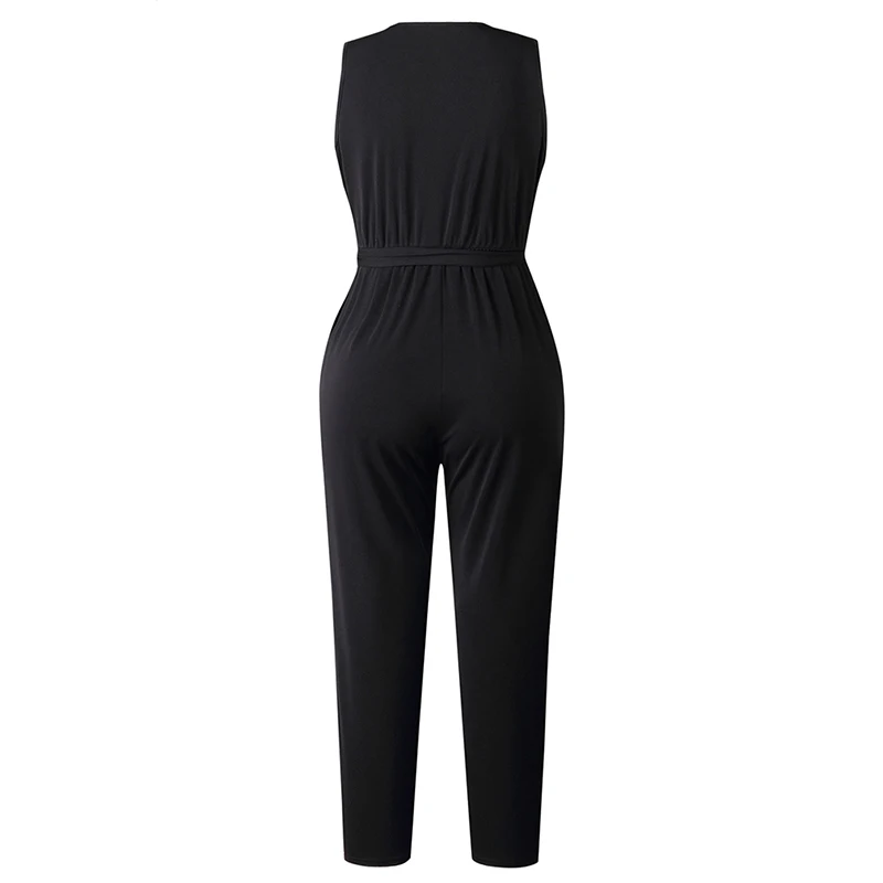 

Fashion Lace Women Jumpsuit With Belt Sleeveless 2020 Summer New Casual V-neck Solid Women Black Jumpsuits Fashion Female Pants