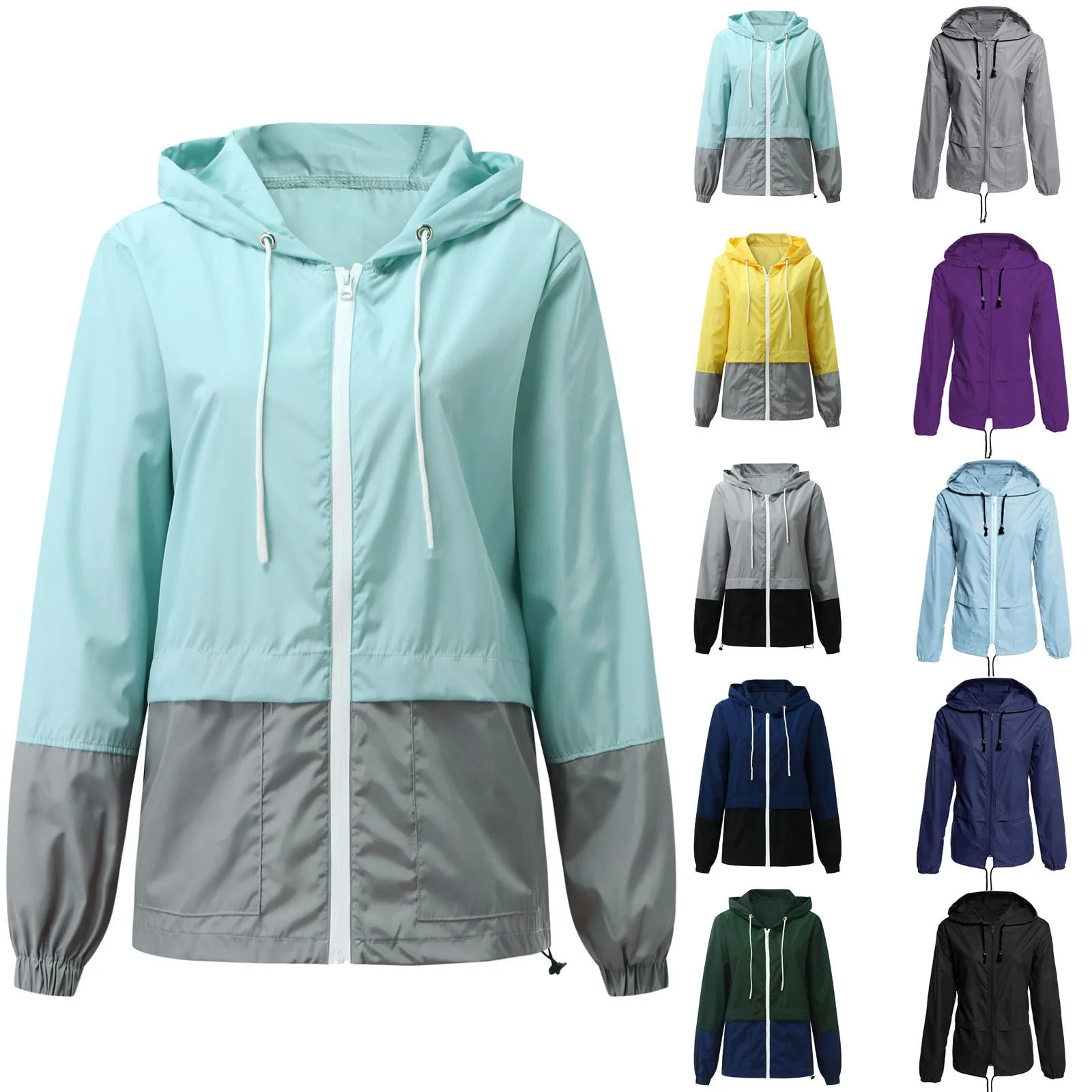 

Women Hooded Windbreaker Waterproof Outwear Women Solid Splice Long Sleeve Pocket Outerwear Loose Waterproof Windbreaker