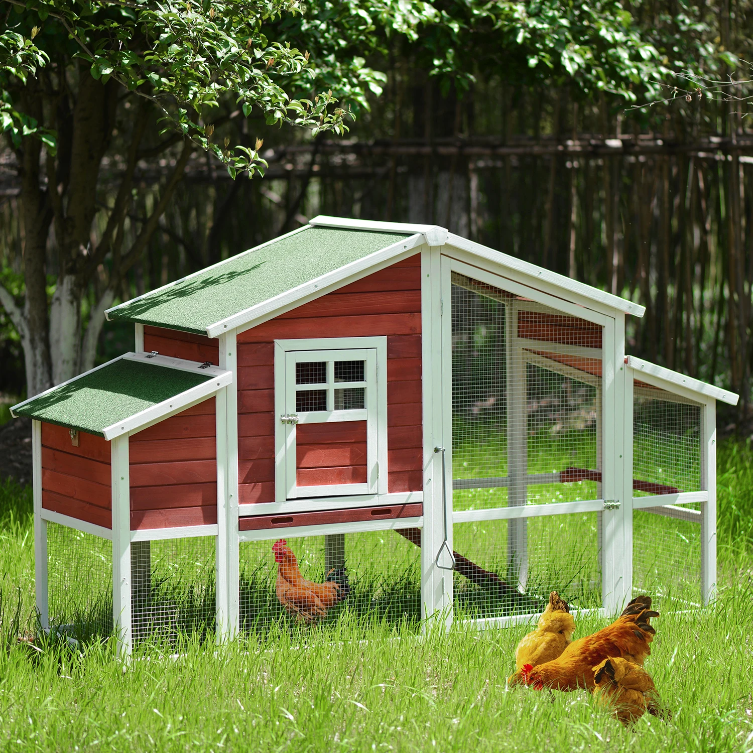 

77.9x29.5x46Inch Chicken Coop Rabbit House Wooden Small Animal Cage Bunny Hutch with Ramp&Tray&Egg Collector Red White[US-Stock]