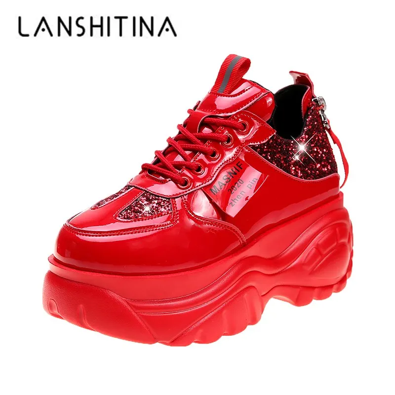 

Women Platform Sneakers 2020 New Arrived Leather Casual Shoes 7CM Heels Red Vulcanized Shoes Women Designer Bling Chunky Sneaker