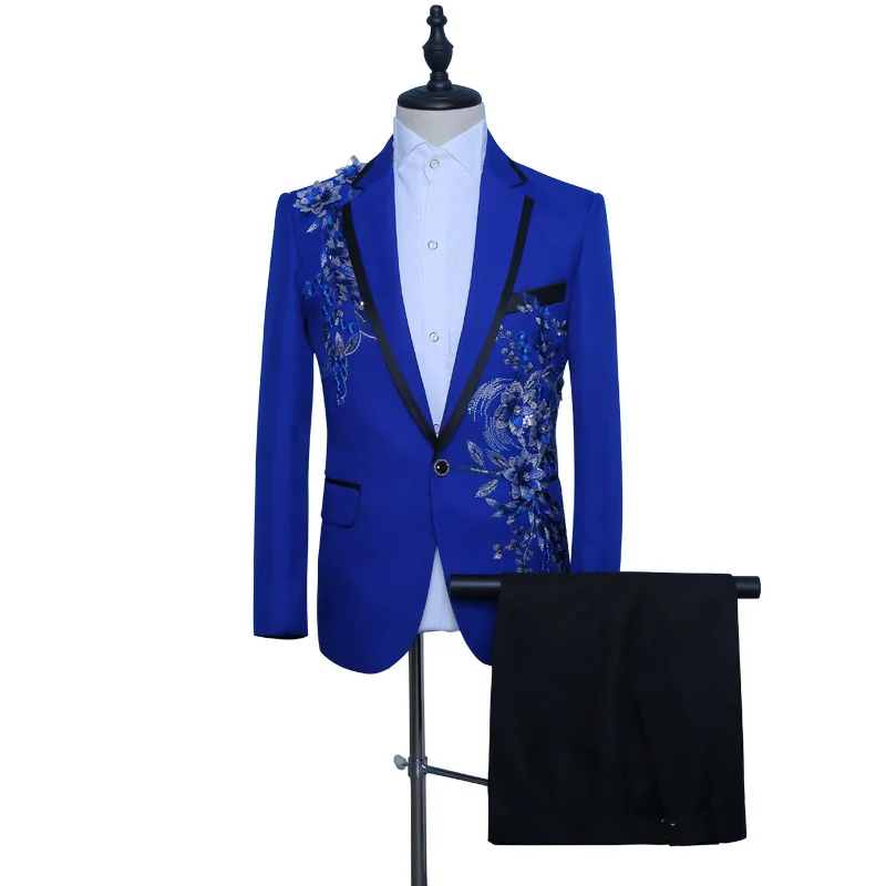 

2019 Spring Autumn Slim Blue Men's Jacket Suits Appliques Flowers Stage singer Performance Clothes(Jacket+Pants)