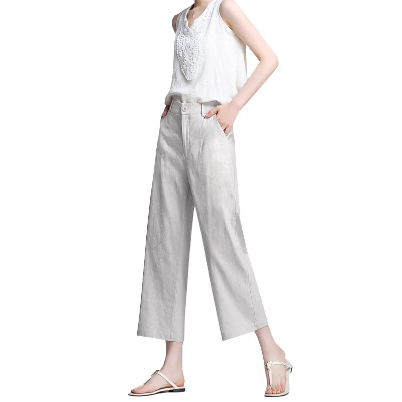 

Plus Size High Quality Elegant Linen Trousers For Business Women Summer Loose Casual Pantalon Female Wide Leg Pants With Pocket