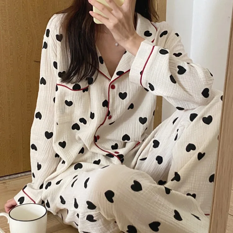 

Gauze pajamas women's spring autumn long-sleeved cardigan two-piece love home service suit loungewear pajama set sleepwear pjs