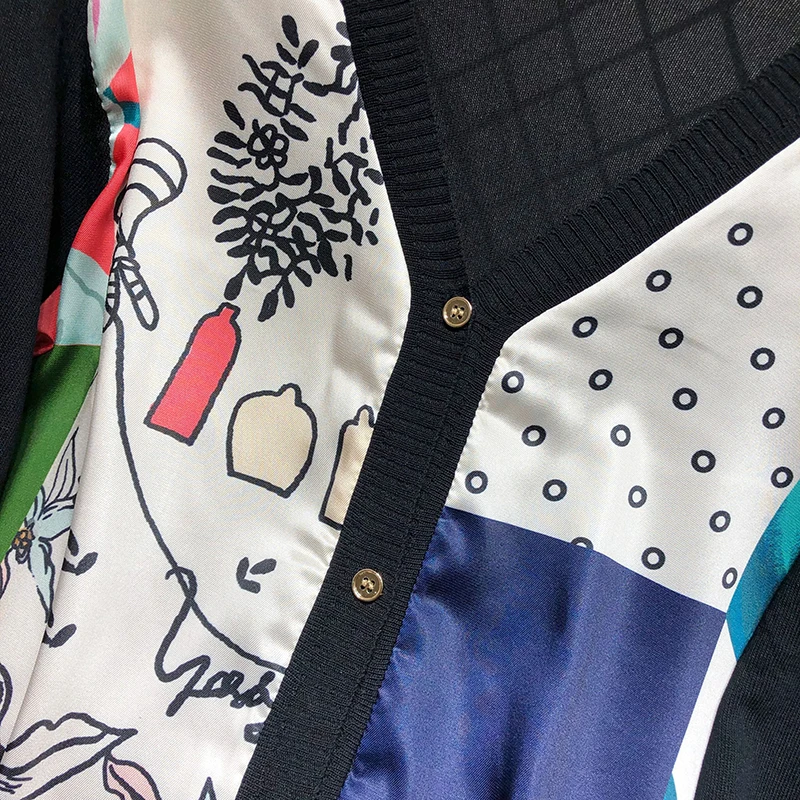 ALPHALMODA Европейский с v-образным вырезом атласный свитер с принтом пэчворк вязаный искусственный однобортный пуловер осенний модный топ с длинными рукавами