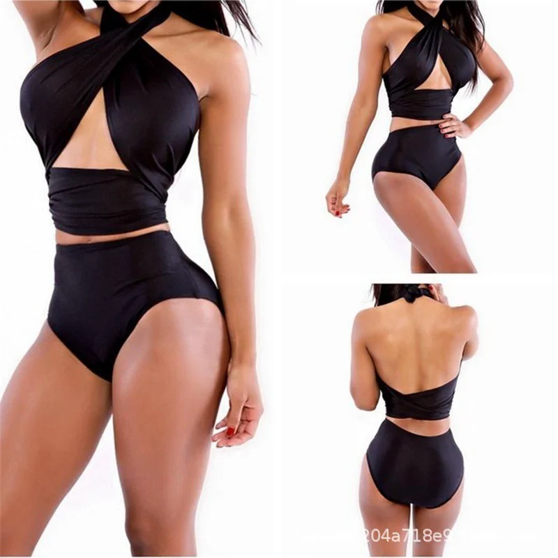 

LANSHITINA 2021 Halter Bandage Crop Top Elastic Waist Drawstring Skirts Good Quality Off Shoulder Sleeveles Women Two Piece Sets