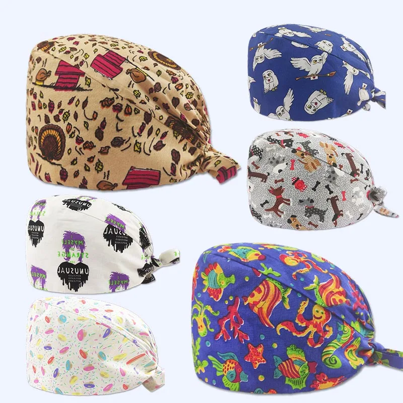 

Шапка с принтом для профессионального салона красоты, шапки для медицинских работников, шапка для работы, лабораторная шапка, шапки из 100% хл...