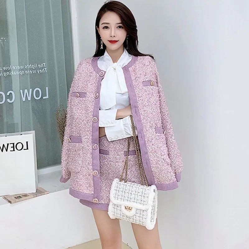 Korean Qualities Panelled Womens Tweed Two Pieces Sets Single Breasted O-Neck Medium Length Loose Coats High Waist A-Line Skirts |