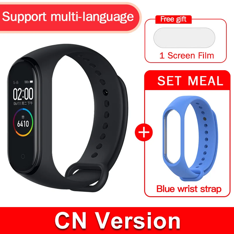 CN Add Blue Strap Глобальная версия,, xiaomi mi band, 4 цвета, экран,, новейший музыкальный умный Браслет, пульсометр, фитнес, 135 мА/ч, bluetooth 5,0 - Цвет: CN Add Blue Strap
