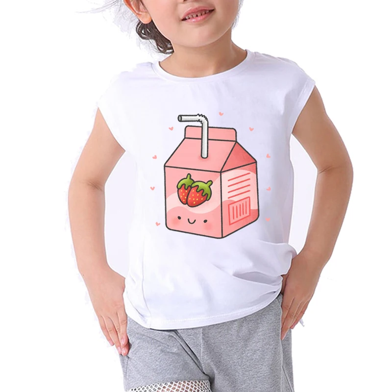 Милые футболки с рисунком клубники молока девочек мультяшная футболка сока для