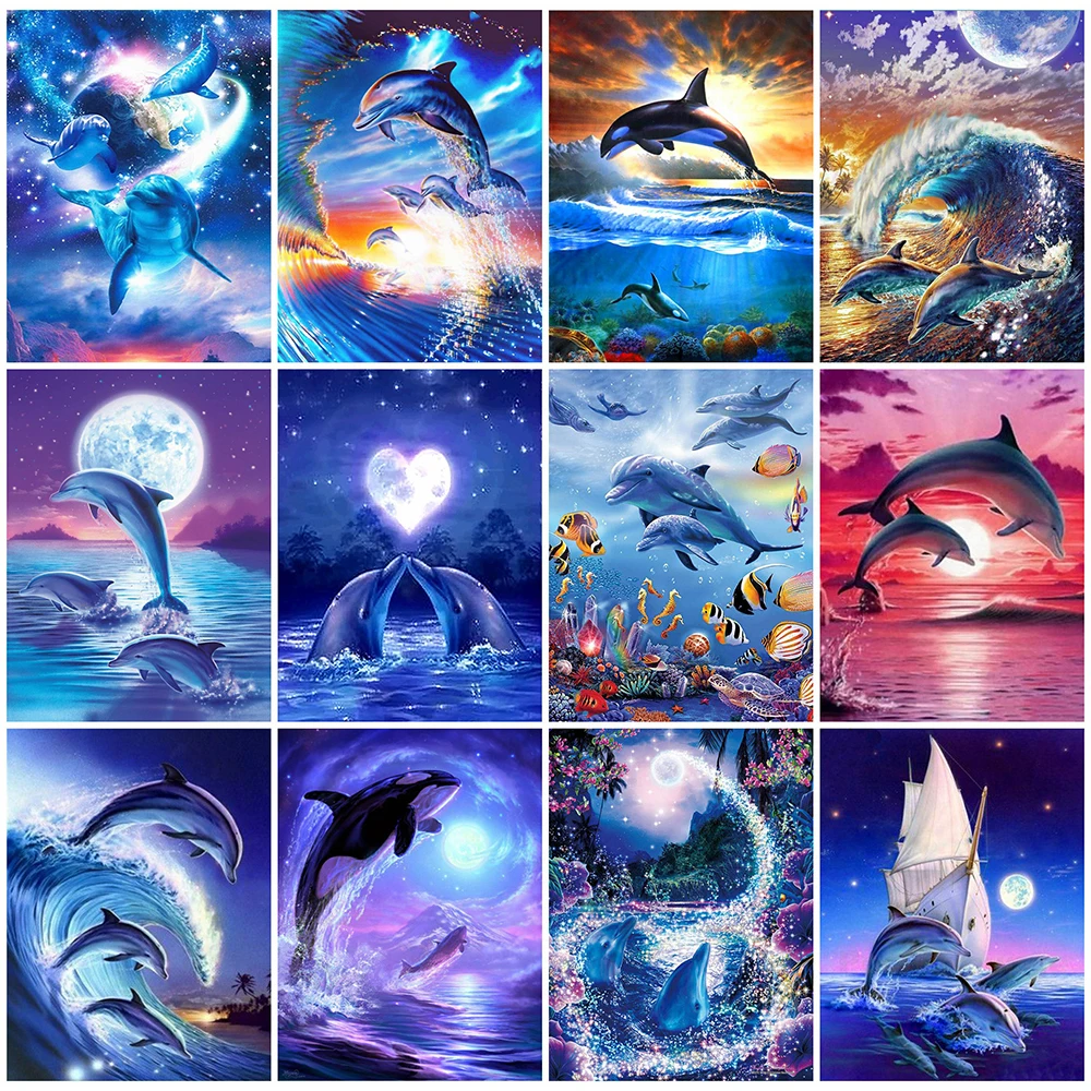 

EverShine 5D DIY Diamond Embroidery Animal Picture Of Rhinestones Diamond Painting Dolphin Mosaic Art Kits Sunset Decor For Home