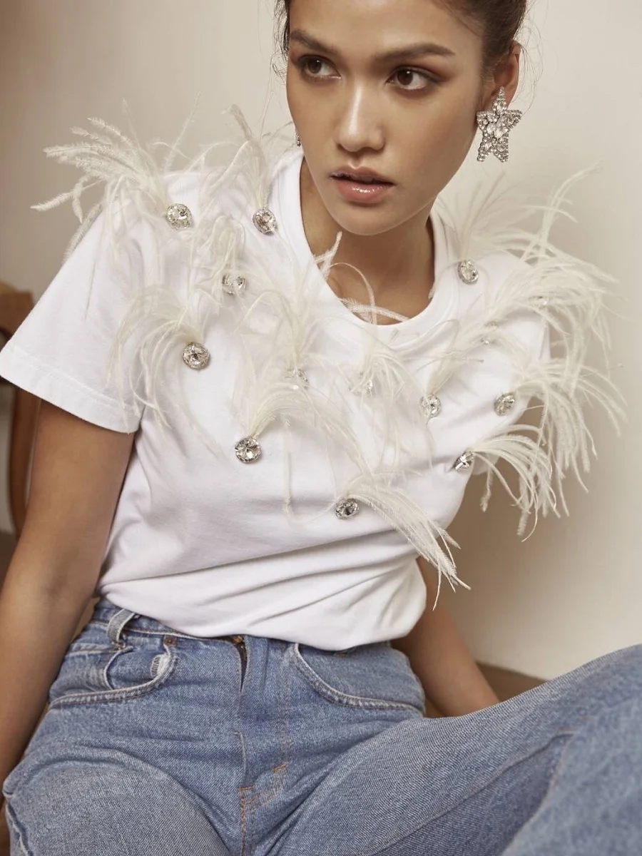 

Summer cotton diamond-studded feather tassels loose women's tops T-shirts 2021New women's wear fashion party tops pullovers bra