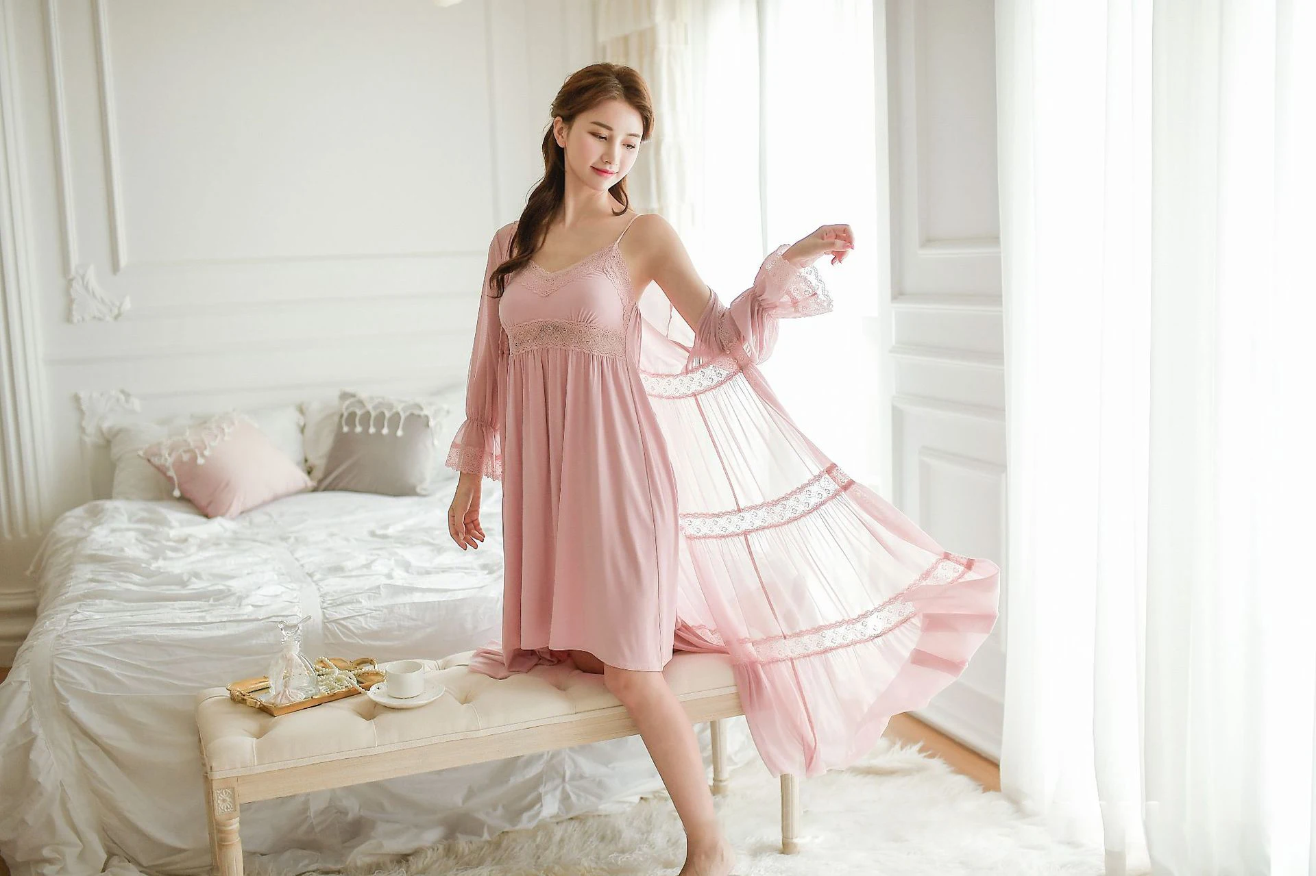 Женская ночная рубашка, халат, Vestido, ночное белье, платье для сна, белье с длинным рукавом, кружевное Ночное платье, пижама, халат для подружки невесты
