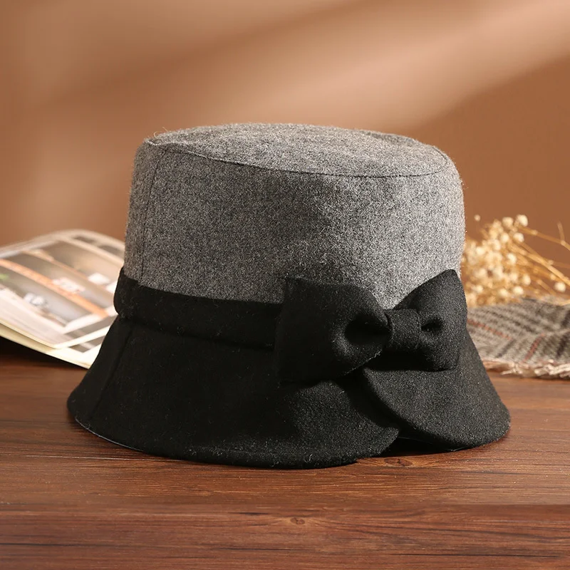 

2021 Winter Top Grade Elegant Lady Bowknot Split Brim Wool Bucket Hat Woman Party Fashion Fedora Mother Warm Felt Hats