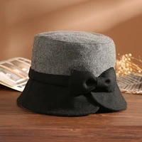2021 winter top grade elegant lady bowknot split brim wool bucket hat woman party fashion fedora mother warm felt hats