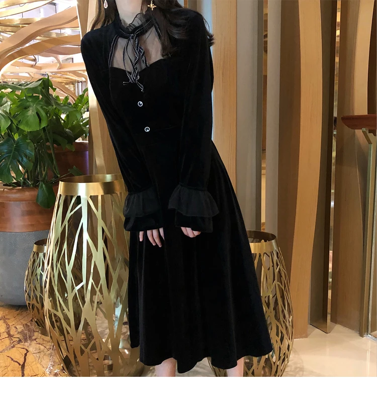 Новое поступление Осеннее винтажное модное платье с длинным рукавом черное