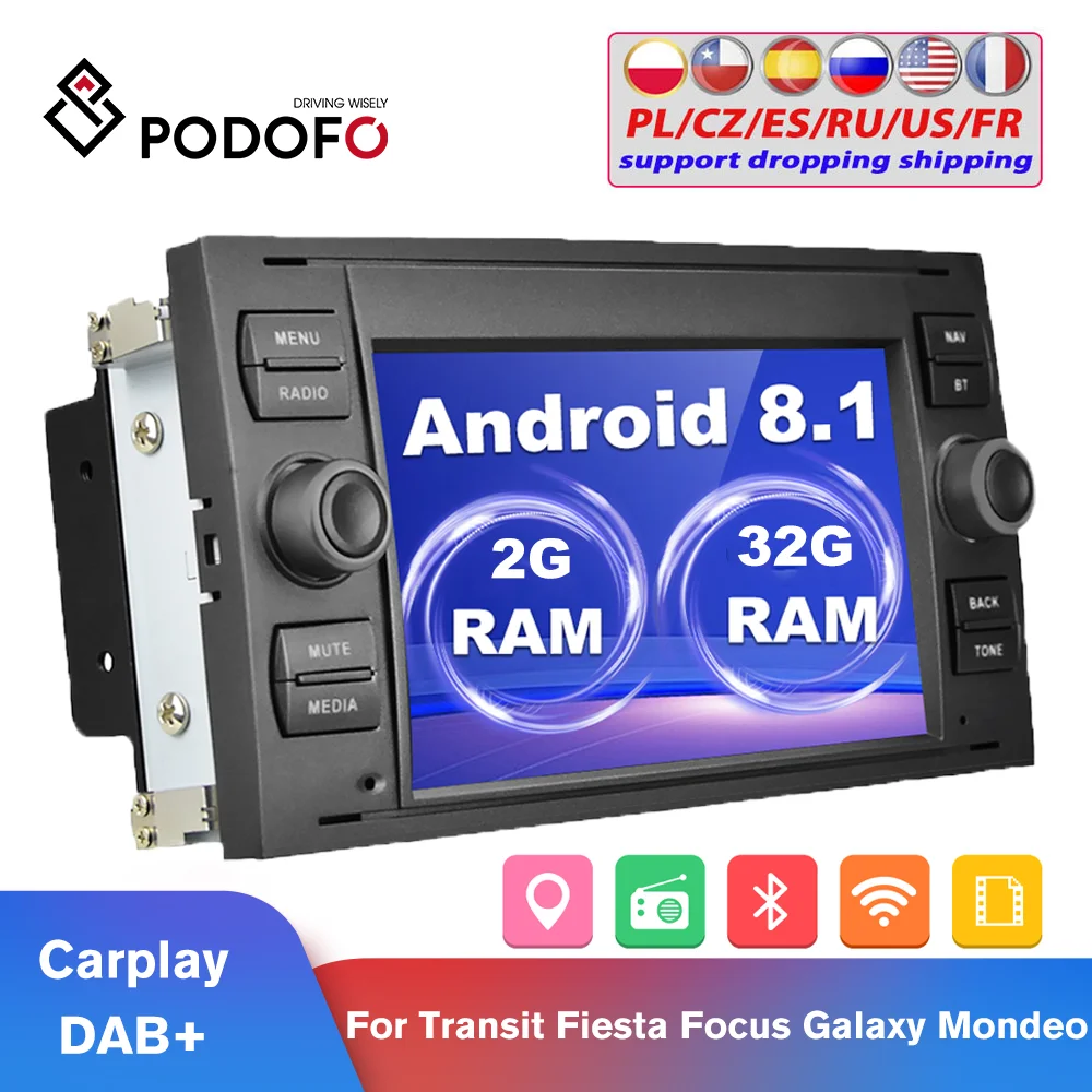 Podofo 2Din Android 8 1 GPS автомобильное радио EQ FM мультимедийный плеер для Transit Fiesta Focus Galaxy