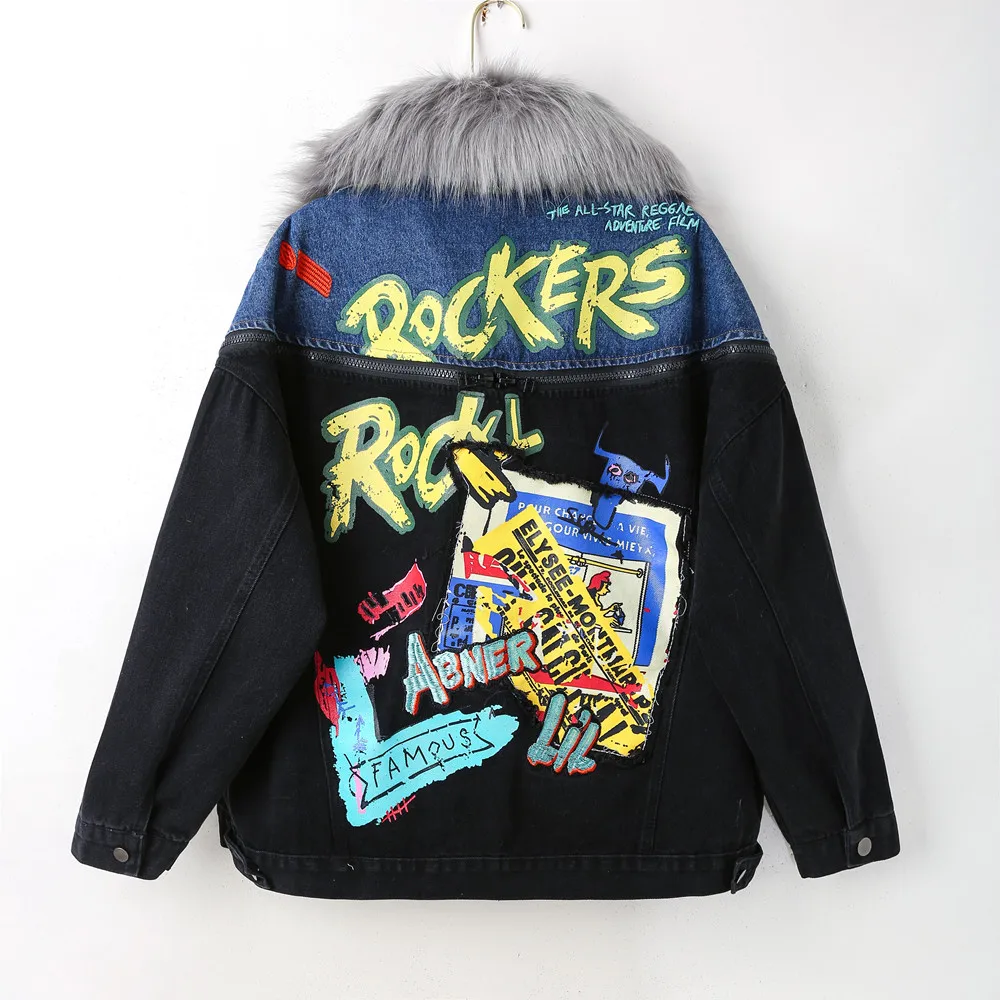 Женская куртка Winter Thicken Women Warm Jackets Fashion Streetwear Faux Rabbit Fur Liner Jean Coats Graffiti Chic Collar Coat