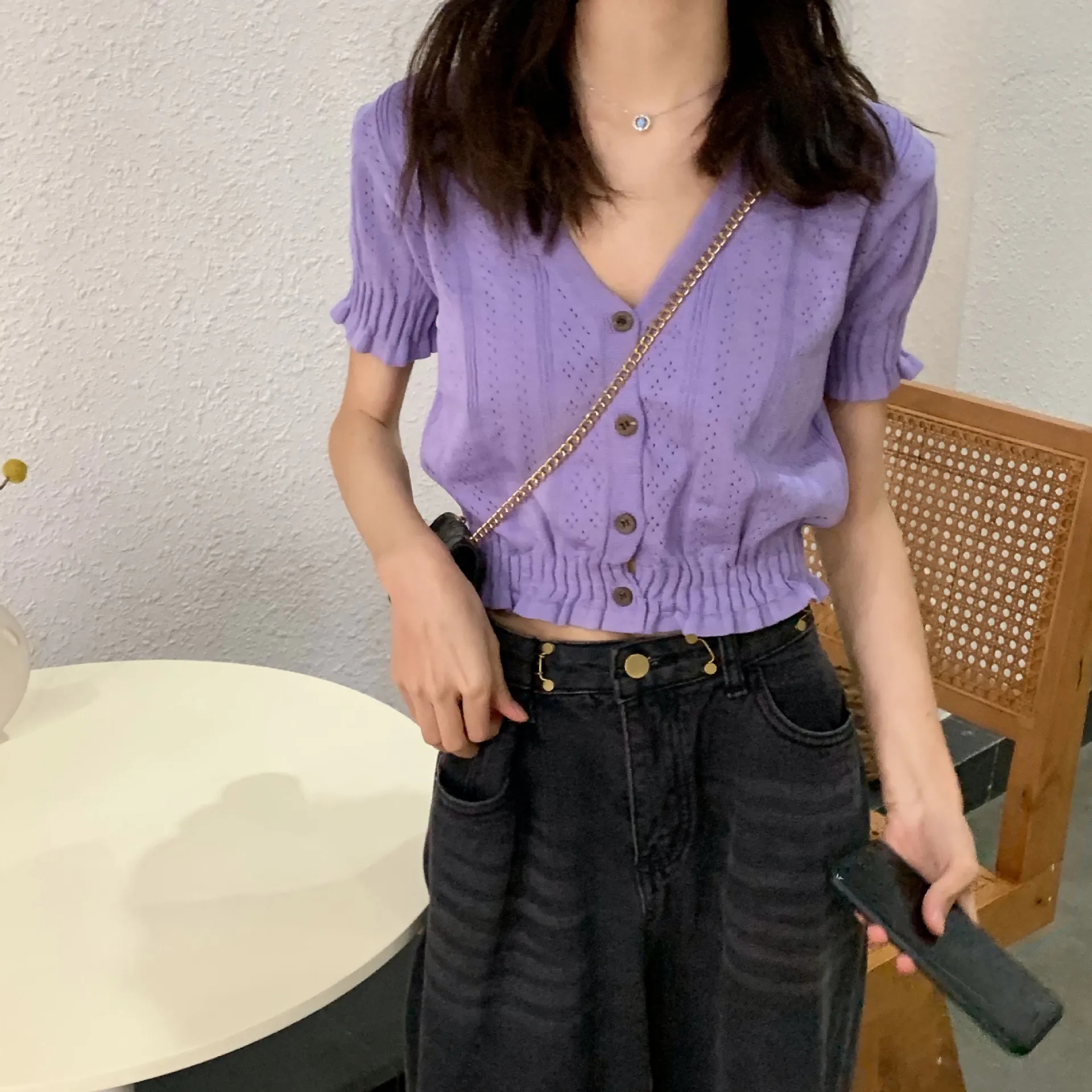 

Вязаный короткий ковер в полоску с коротким рукавом, Свободный Классический Повседневный Легкий трикотаж с оборками для женщин и девочек TT ...