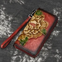 women wallet 2021 new vintage handmade purse for female genuine leather floral clutch retro embossed card holder ladies